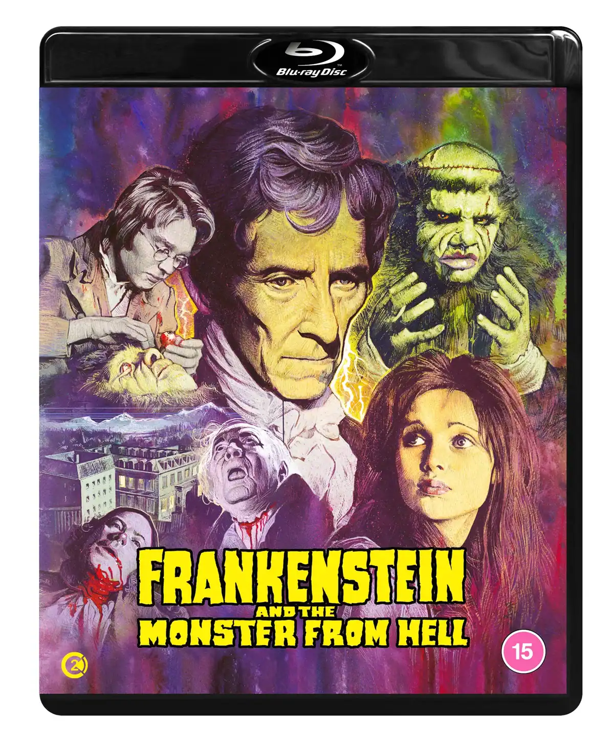 Blu-ray cover of "Frankenstein and the Monster from Hell" featuring illustrated characters, a monstrous figure, and a distressed woman, with a colorful, dramatic background.
