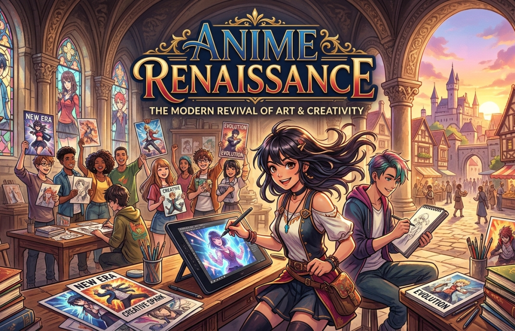 A group of artists in a lively, medieval-inspired studio create anime art, with a large "Anime Renaissance" banner overhead and a castle visible through the arched windows.