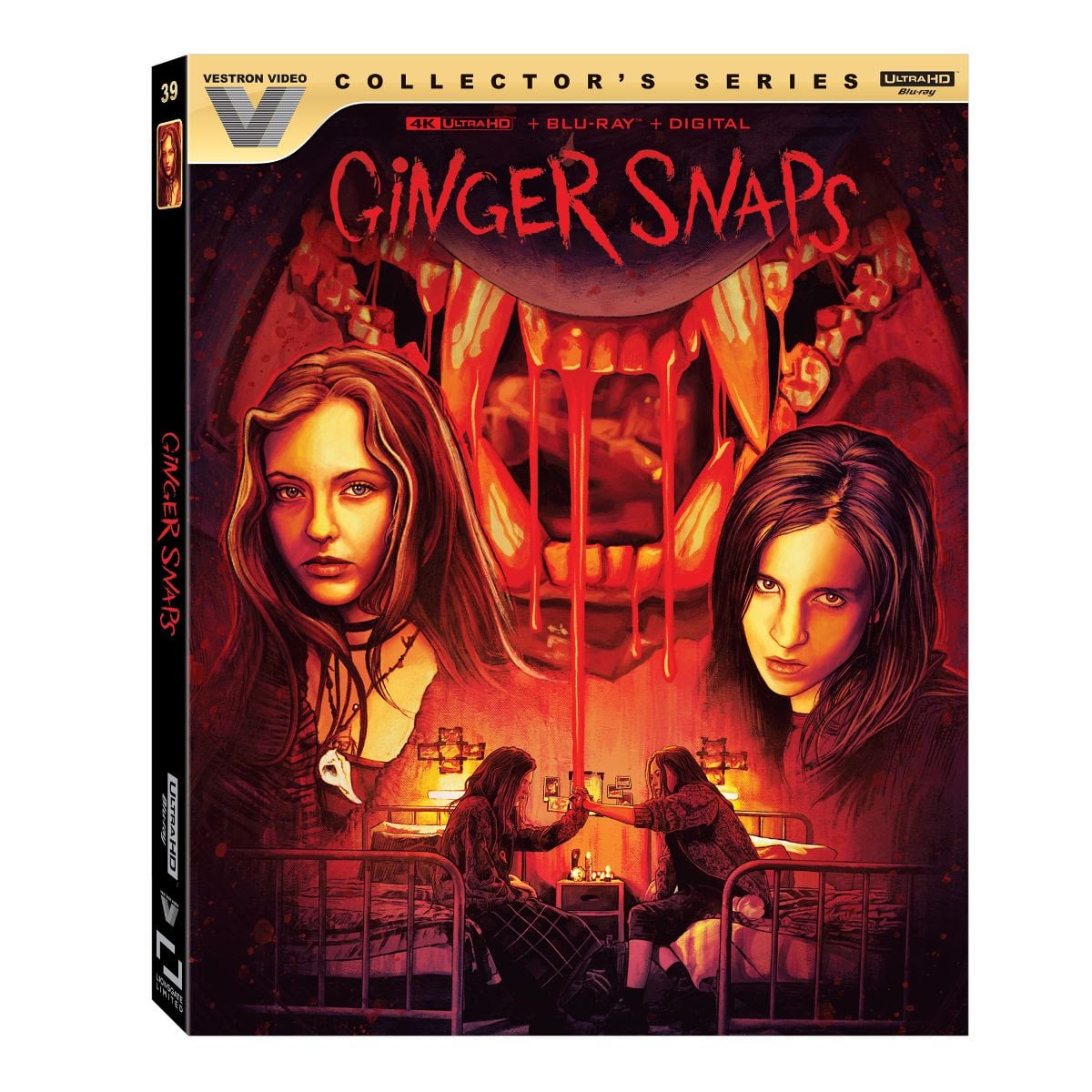 The box cover of "Ginger Snaps" Collector's Series shows two girls in front of a large, monstrous mouth with sharp teeth and blood, with the film's title in red above them.