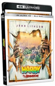 4K Ultra HD and Blu-ray case for "Harry and the Hendersons," featuring giant hands breaking through a wall with a suburban scene in the background.