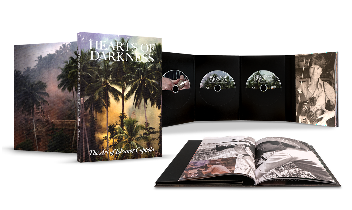 A box set titled "Hearts of Darkness: The Art of Eleanor Coppola" with a booklet, unfolded DVD case displaying three discs, and black-and-white photos.