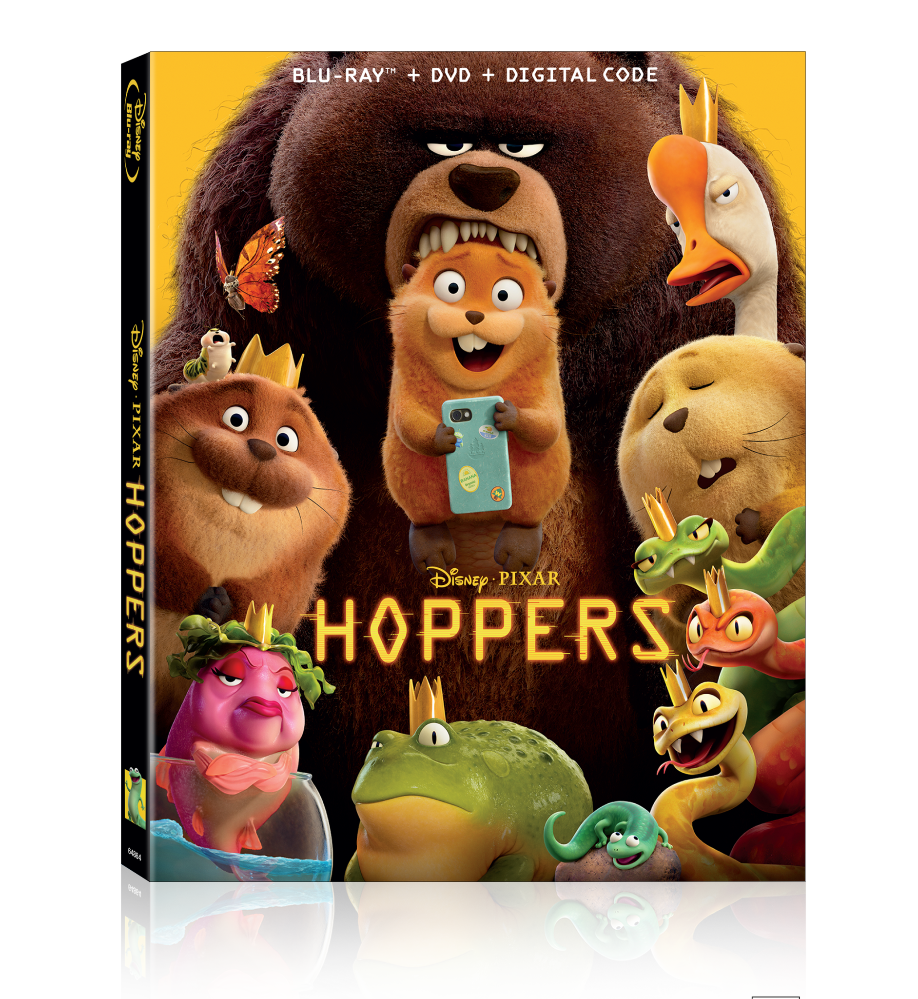 The cover of Disney Pixar's "Hoppers" Blu-ray/DVD shows animated animal characters, including a beaver, a chipmunk with a phone, a duck, and various colorful creatures.