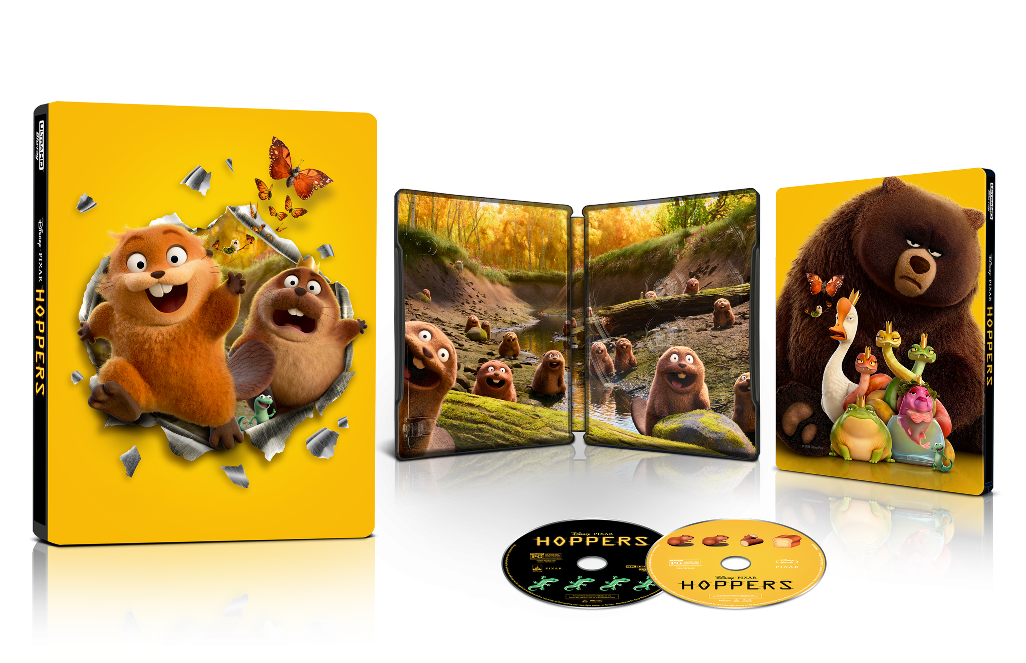 DVD and Blu-ray set of the animated film "The Hoppers" with steelbook case, two discs, and interior artwork featuring animal characters in a forest setting.