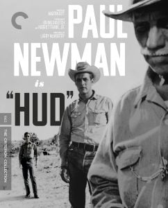 Black-and-white movie poster featuring Paul Newman in a cowboy hat, with text reading "Paul Newman is 'Hud'," and a man standing in the background.