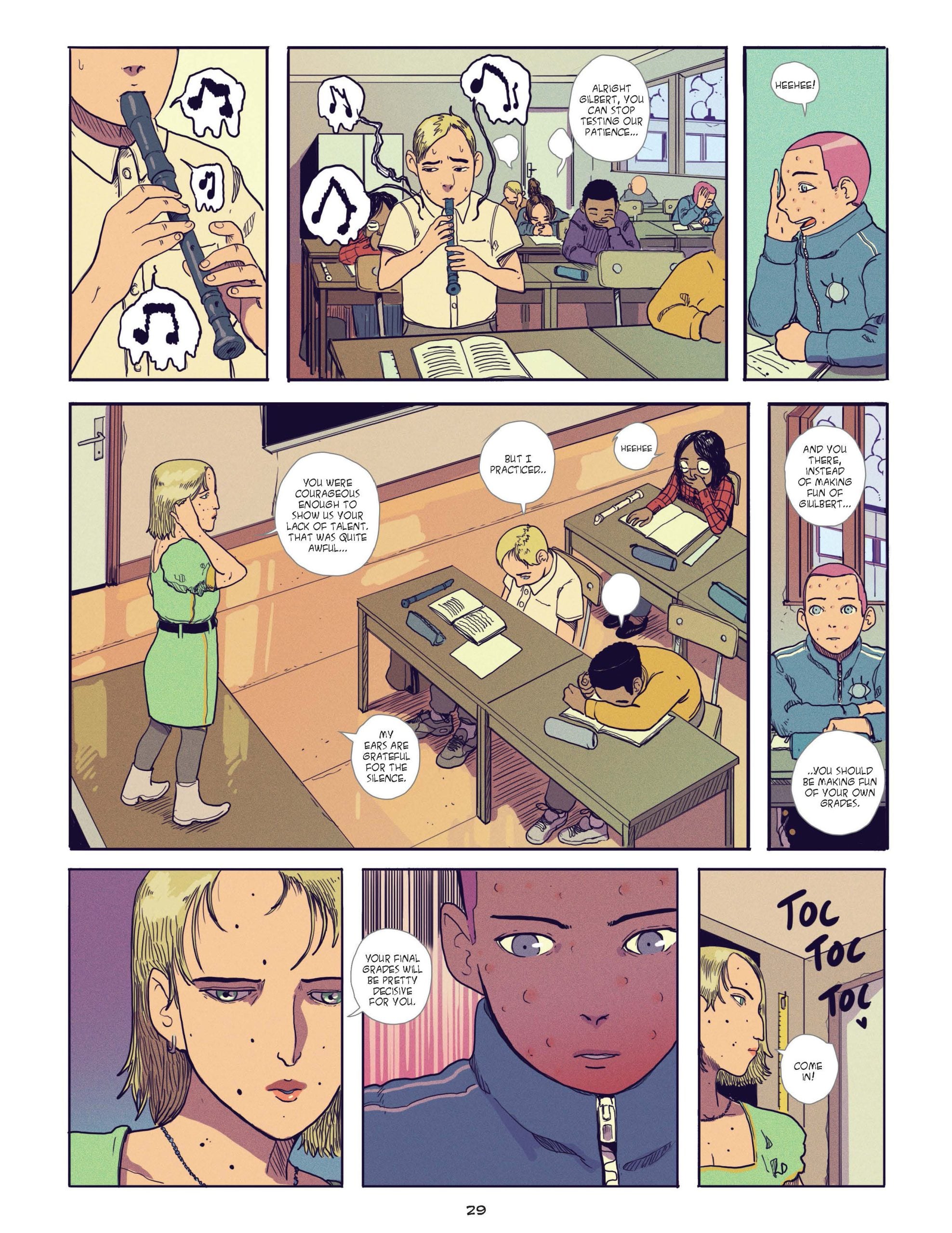 A student plays a recorder in front of a classroom while others watch; a teacher comments on her practice, and another student knocks on the classroom door.