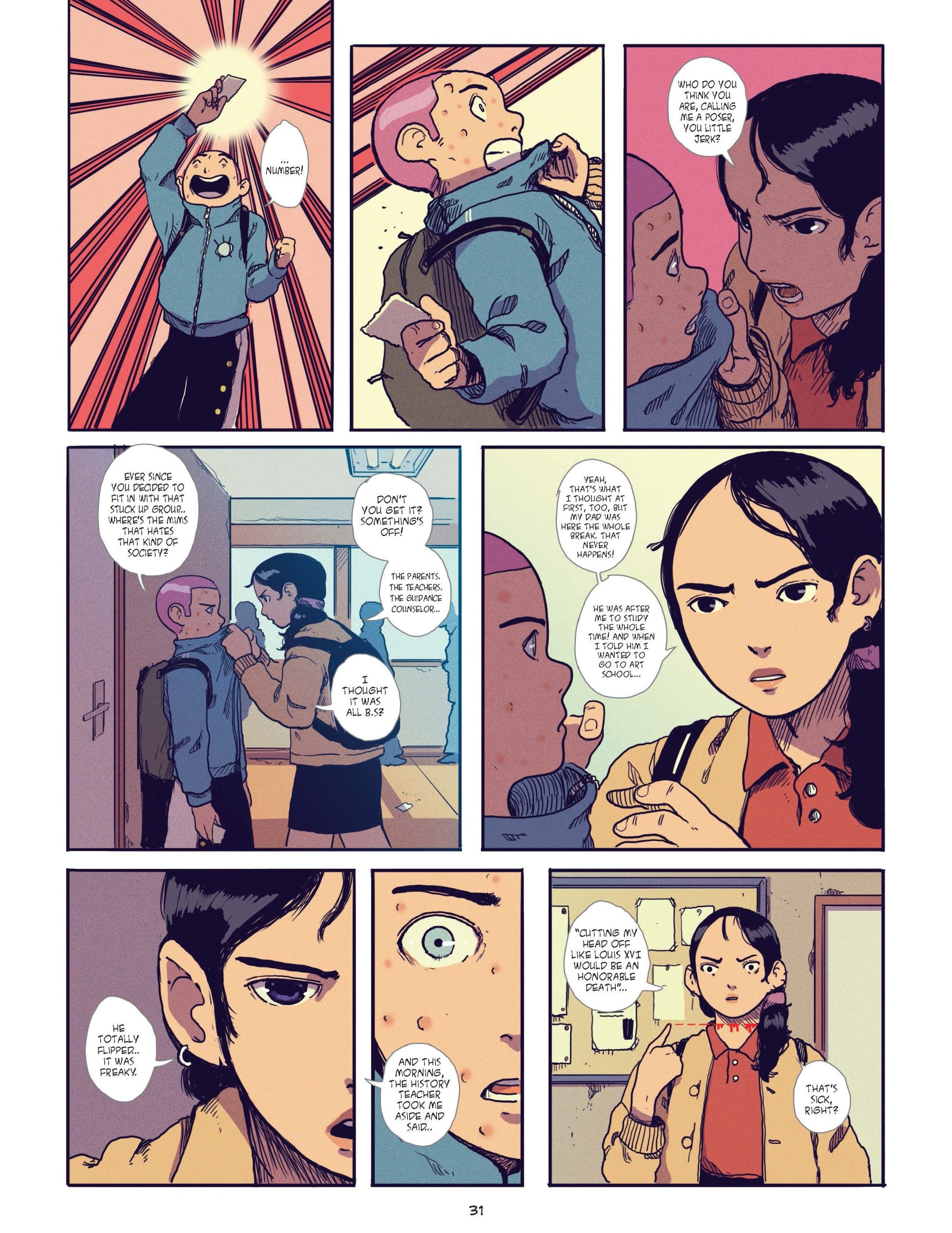 A student excitedly greets another, who is then confronted by a serious girl about giving someone bruises; the conversation becomes tense as the girl demands honesty.