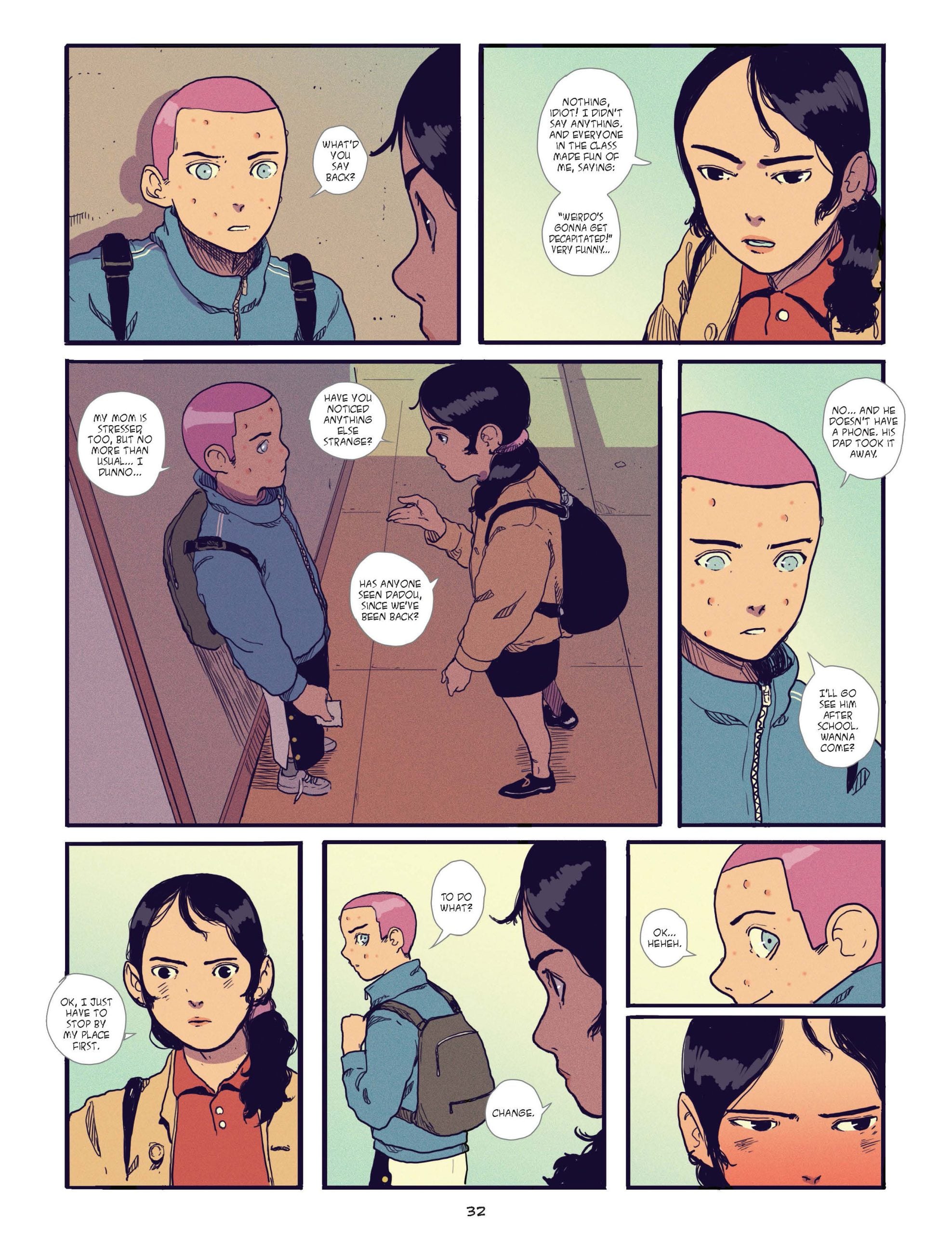 A boy with pink hair and a girl with black hair talk in a hallway; they discuss finding someone, with the boy expressing reluctance and the girl insisting they try.