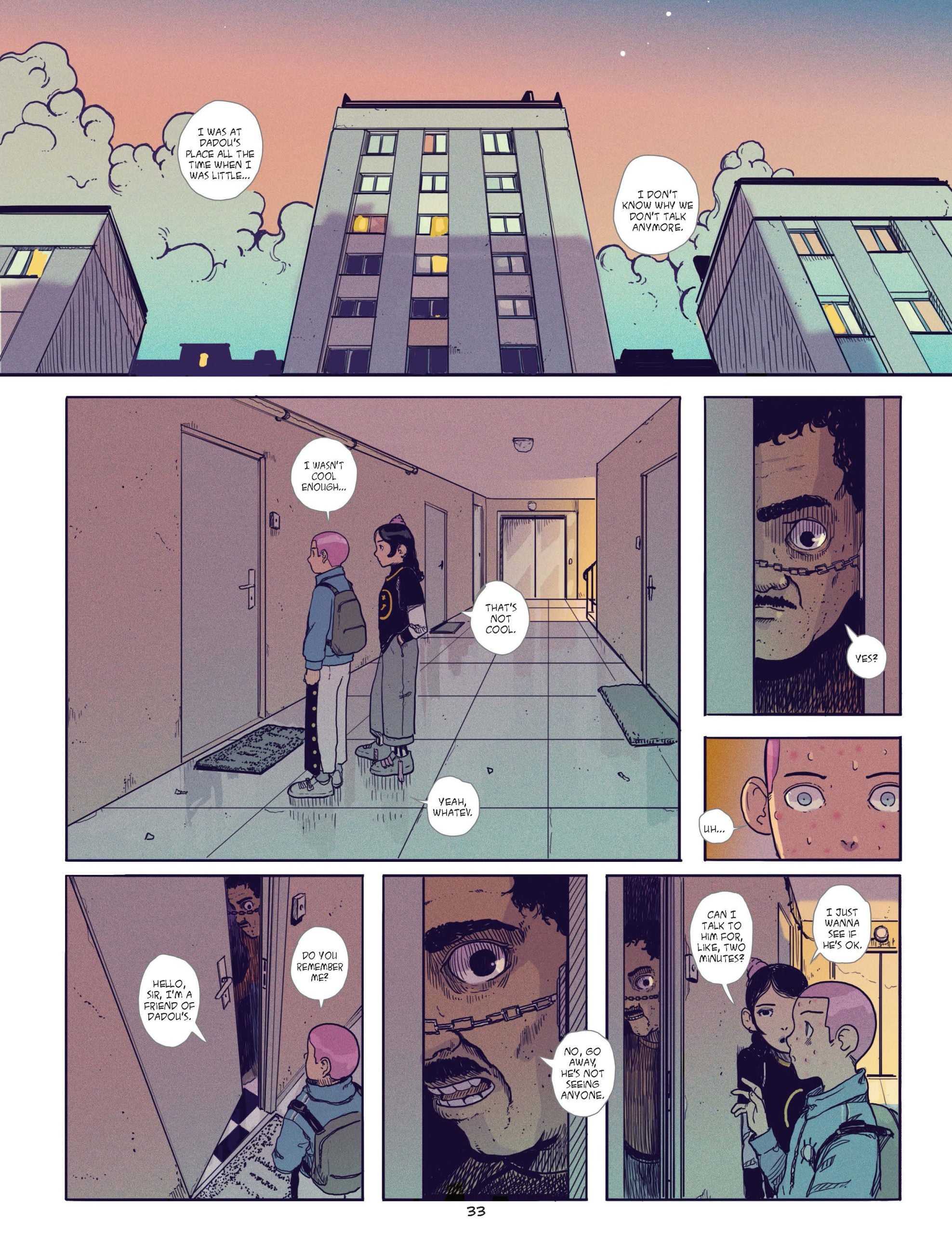 A comic page shows two people talking outside an apartment door, speaking with a man peering through the peephole, against a backdrop of apartment buildings at sunset.
