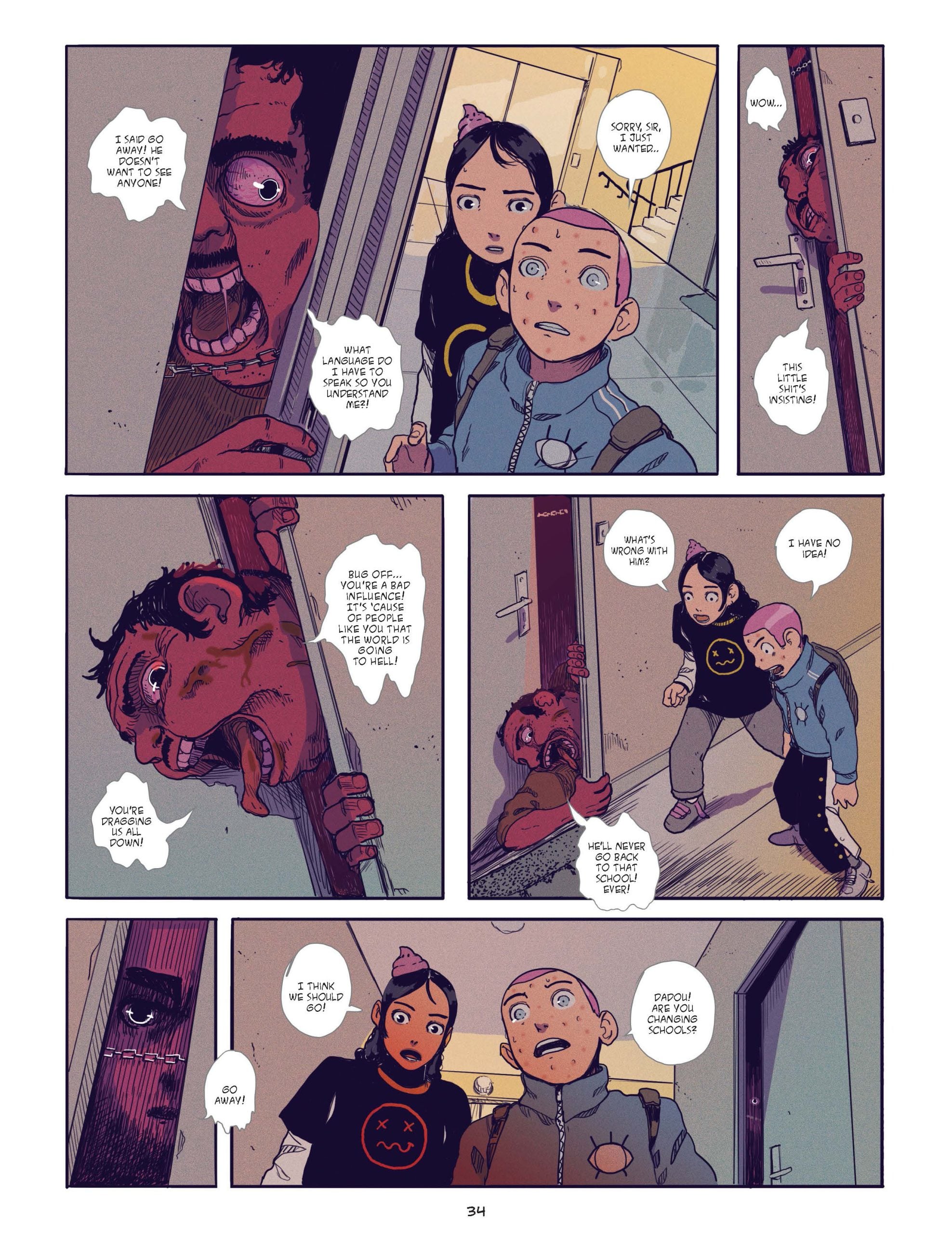 Comic page showing two kids talking to a man with a distorted face peering through a door, expressing urgency and suspicion in a tense hallway scene.