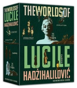 Box set titled "The Worlds of Lucile Hadžihalilović" with stylized images and text referencing films like "Evolution," "Innocence," "Earwig," and "The Ice Tower.