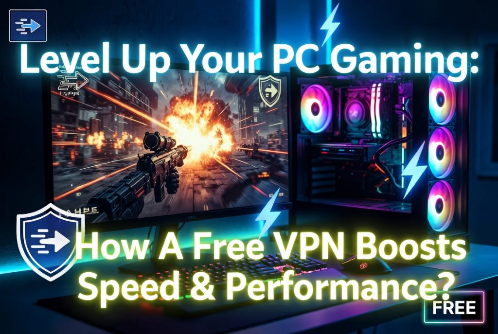 A neon-lit gaming setup with a PC, monitor displaying a shooting game, and text overlay: "Level Up Your PC Gaming: How A Free VPN Boosts Speed & Performance?.