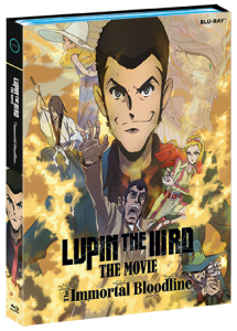 Blu-ray cover of "Lupin the IIIrd: The Movie - The Immortal Bloodline" featuring animated characters with intense expressions and action scenes in the background.
