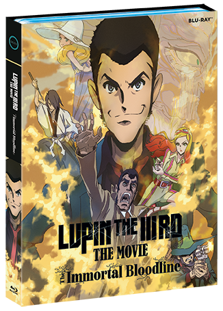 Blu-ray cover of "Lupin the IIIrd: The Movie - The Immortal Bloodline" featuring animated characters with intense expressions and action scenes in the background.