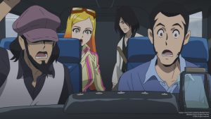 Four animated characters sit inside a car, all appearing surprised or alarmed, with two in the front seats and two in the back.