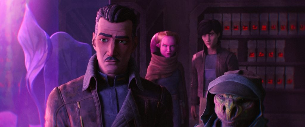 Four animated characters stand indoors with serious expressions. One is human and in front, while the others, including an alien, are behind near shelves with red lights.