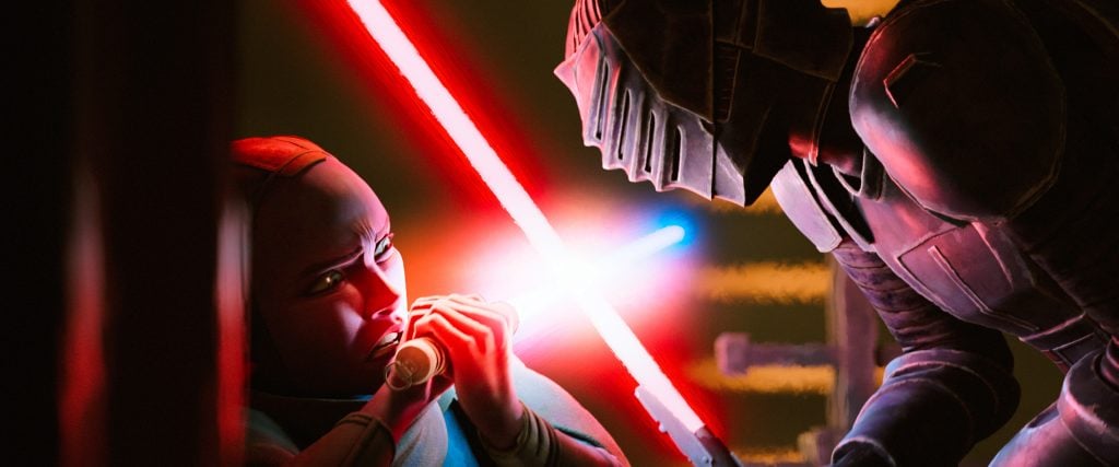 Two characters in combat; one holds a blue lightsaber defensively while the other, wearing dark armor, attacks with a red lightsaber.