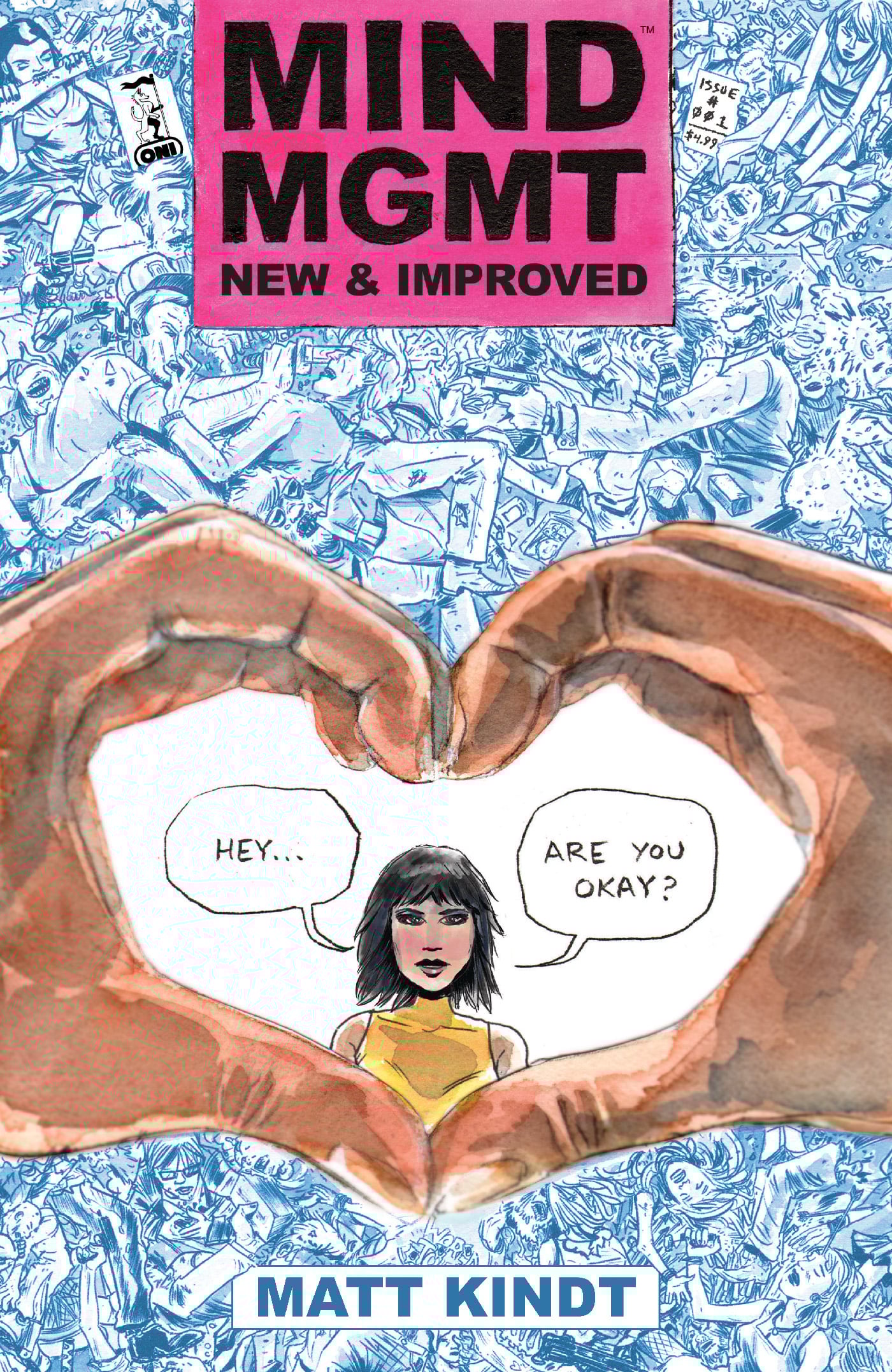 Comic book cover for "MIND MGMT: New & Improved" by Matt Kindt, featuring hands forming a heart shape around a woman asking, "Hey... Are you okay?" against a detailed blue background.