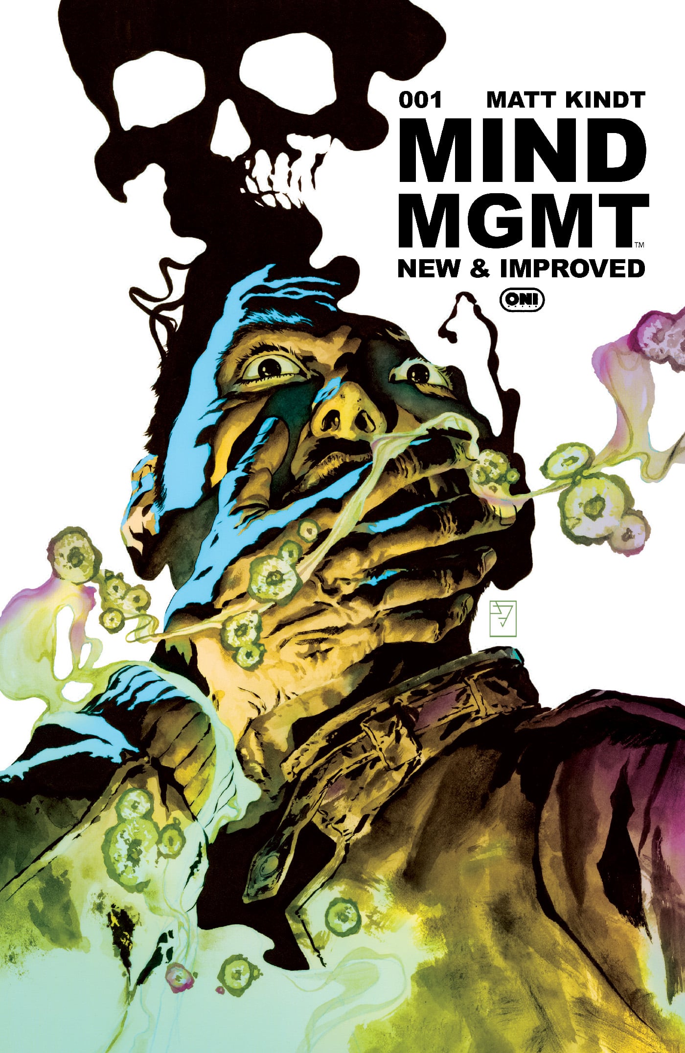 A stylized comic book cover shows a distressed man with green smoke around him, his mouth covered by his own hand, with a skull shape rising above his head. Text reads "MIND MGMT New & Improved.