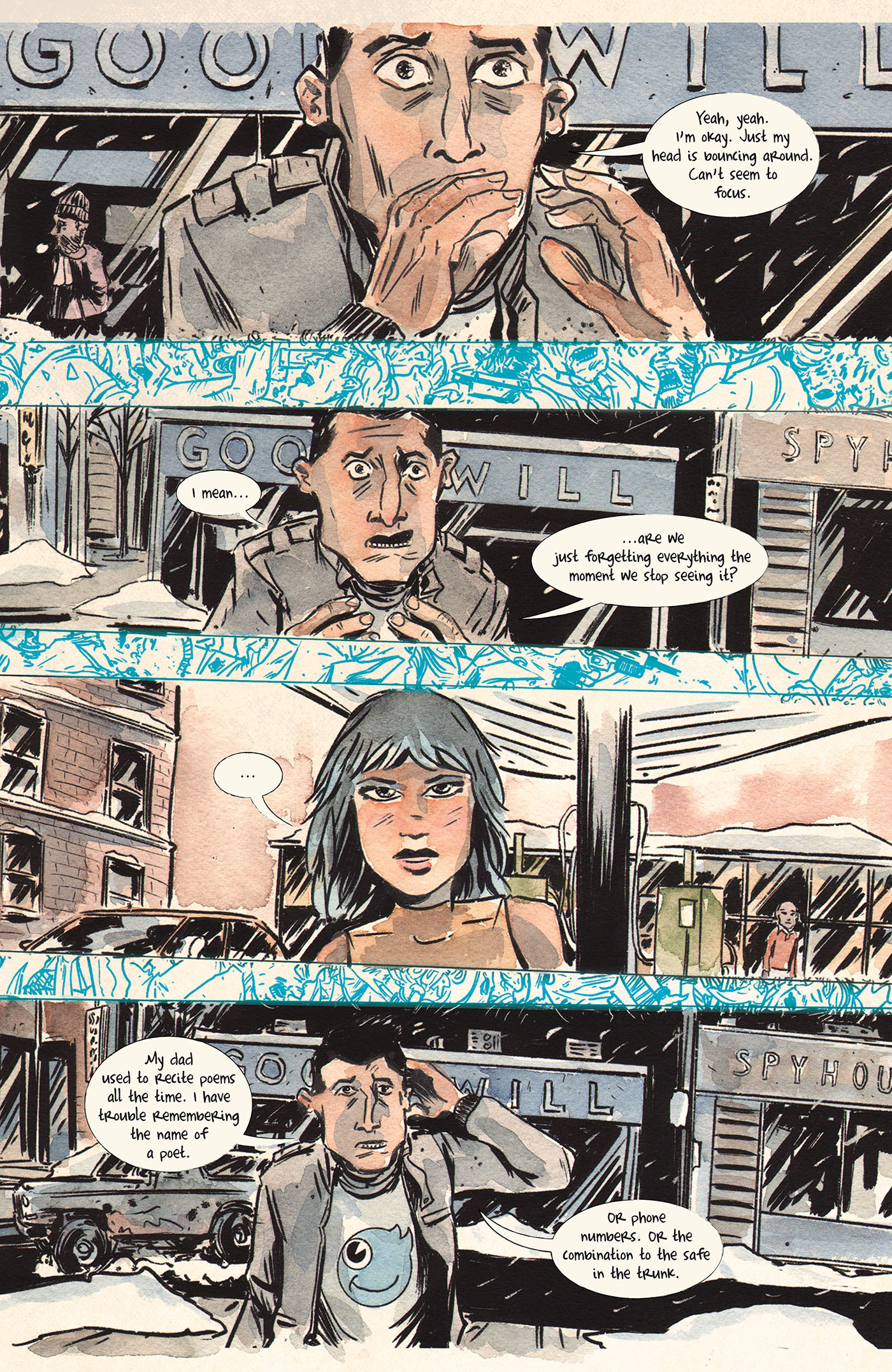 A man stands outside a Goodwill store, looking anxious and talking to a woman; he mentions feeling watched and unsure if he can trust her, while she listens seriously.