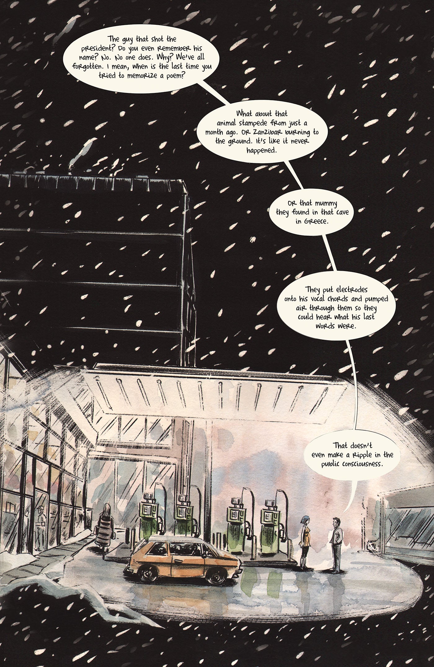 Two people stand beside a car at a snowy gas station at night, having a conversation with speech bubbles about memory, history, and public figures.