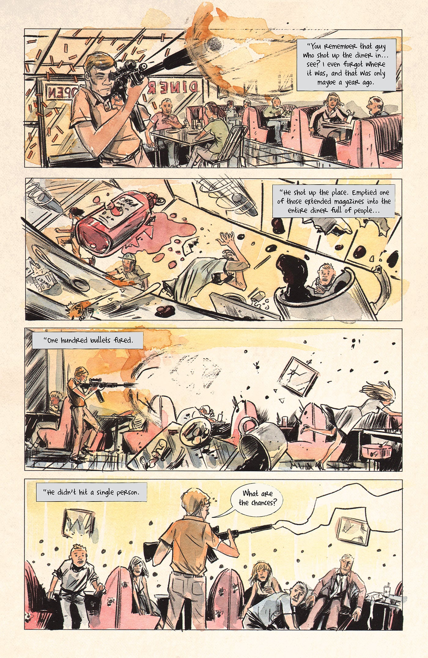 A comic strip showing a chaotic diner shootout; bullets fly, objects shatter, but all patrons remain unharmed. Characters reflect on the improbability of no one being hit.