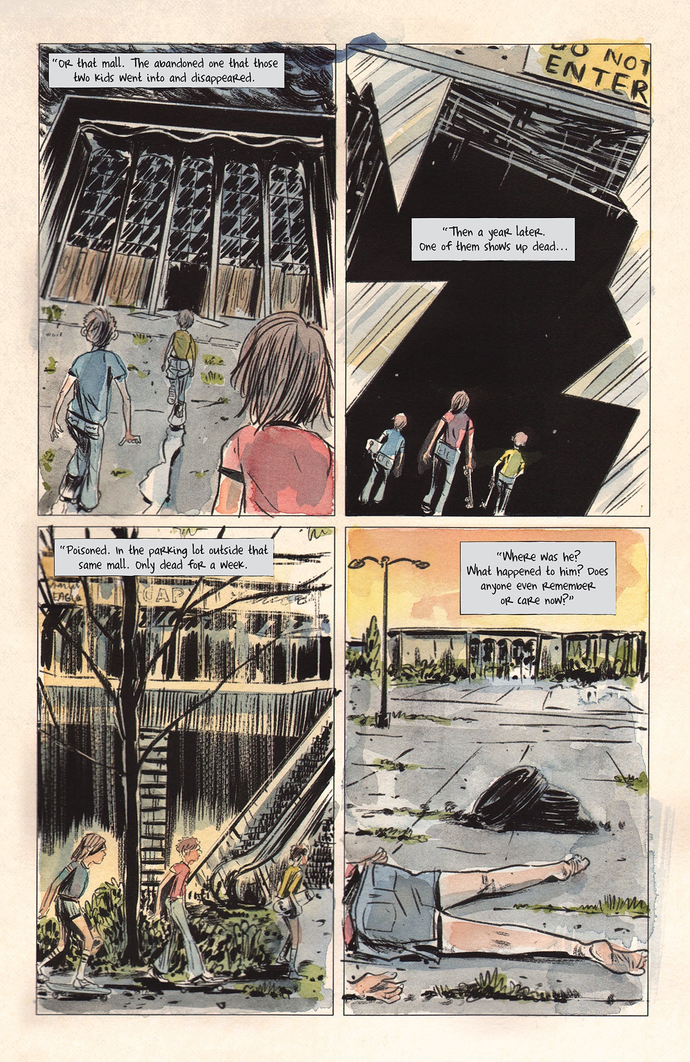 Four children explore an abandoned mall and its parking lot; later, one is found dead on the ground outside, while others look on in shock.