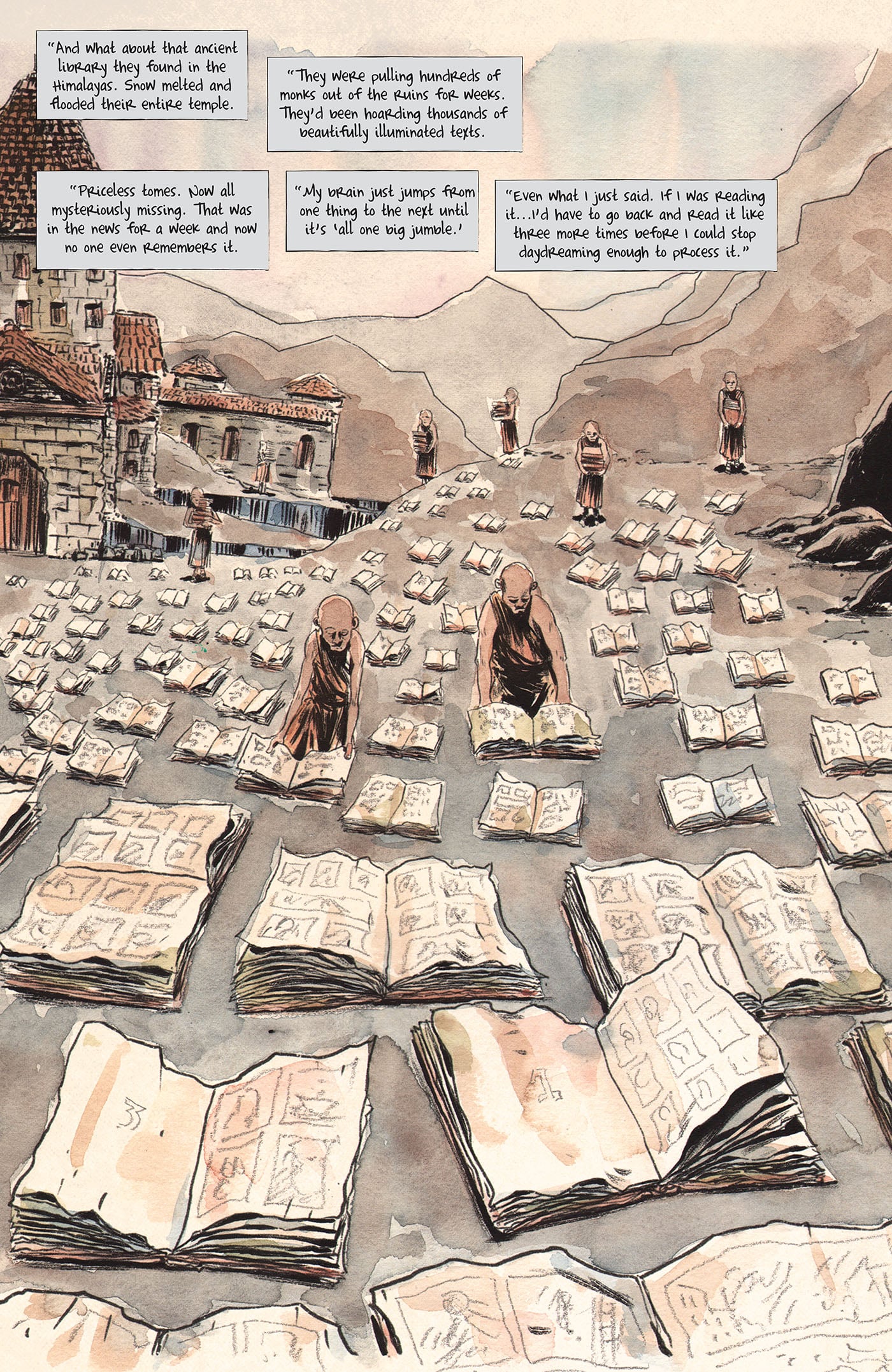 Monks in robes walk among large open books laid out on the ground in a rocky, rural village; medieval buildings are in the background.