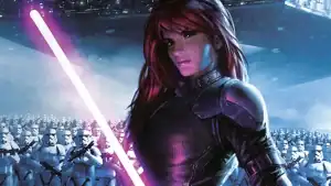 A woman in futuristic armor holds a glowing purple lightsaber, standing in front of a large group of white-armored soldiers and a spaceship in the background.