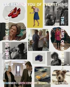 A collage of scenes and objects from Mike Mills' films, including characters interacting, red shoes, a camera, and text listing "Beginners," "20th Century Women," and "C'mon C'mon.