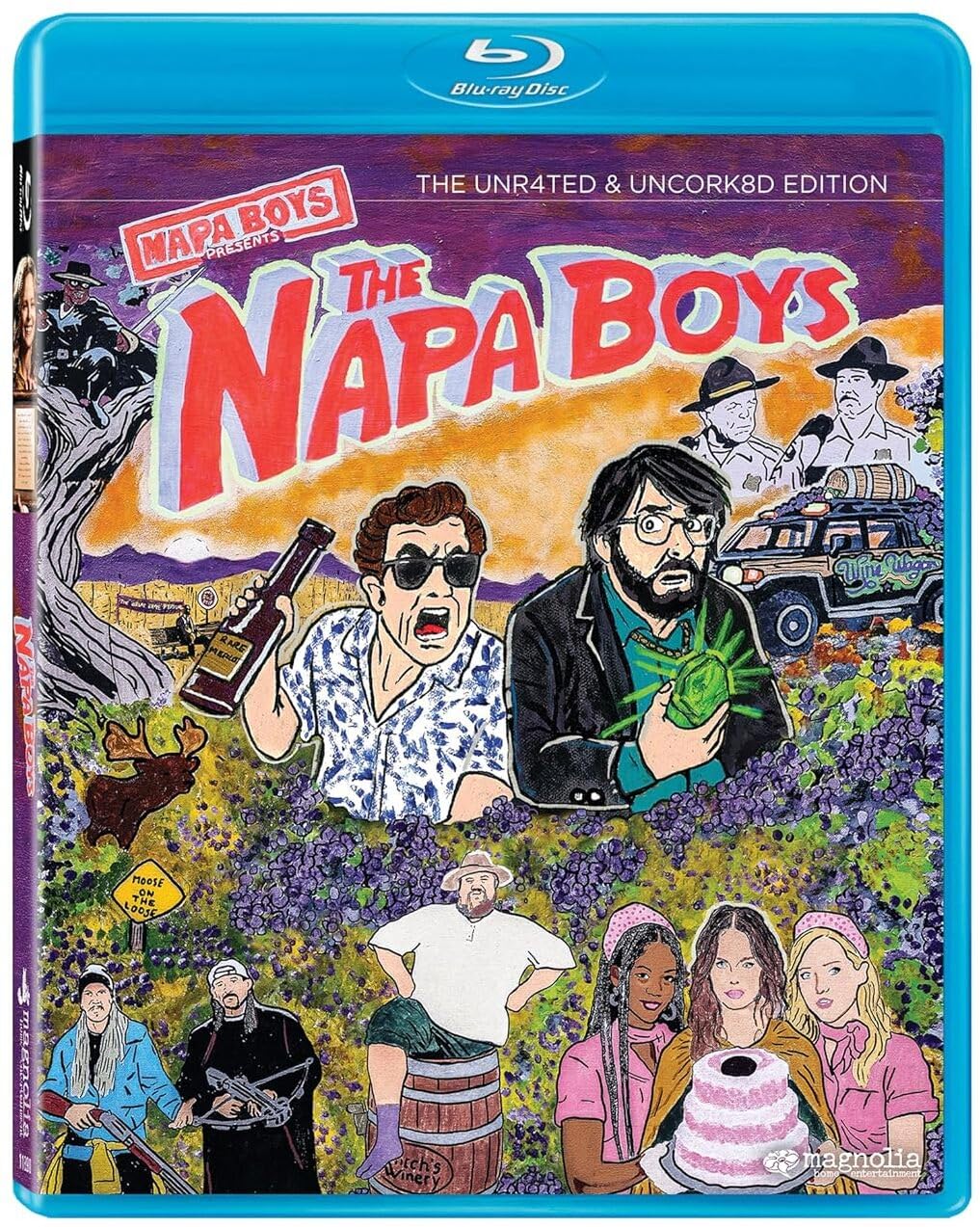 Blu-ray cover for "The Napa Boys" featuring illustrated characters in a vineyard, holding wine bottles and grapes, with a colorful, comic-style background.