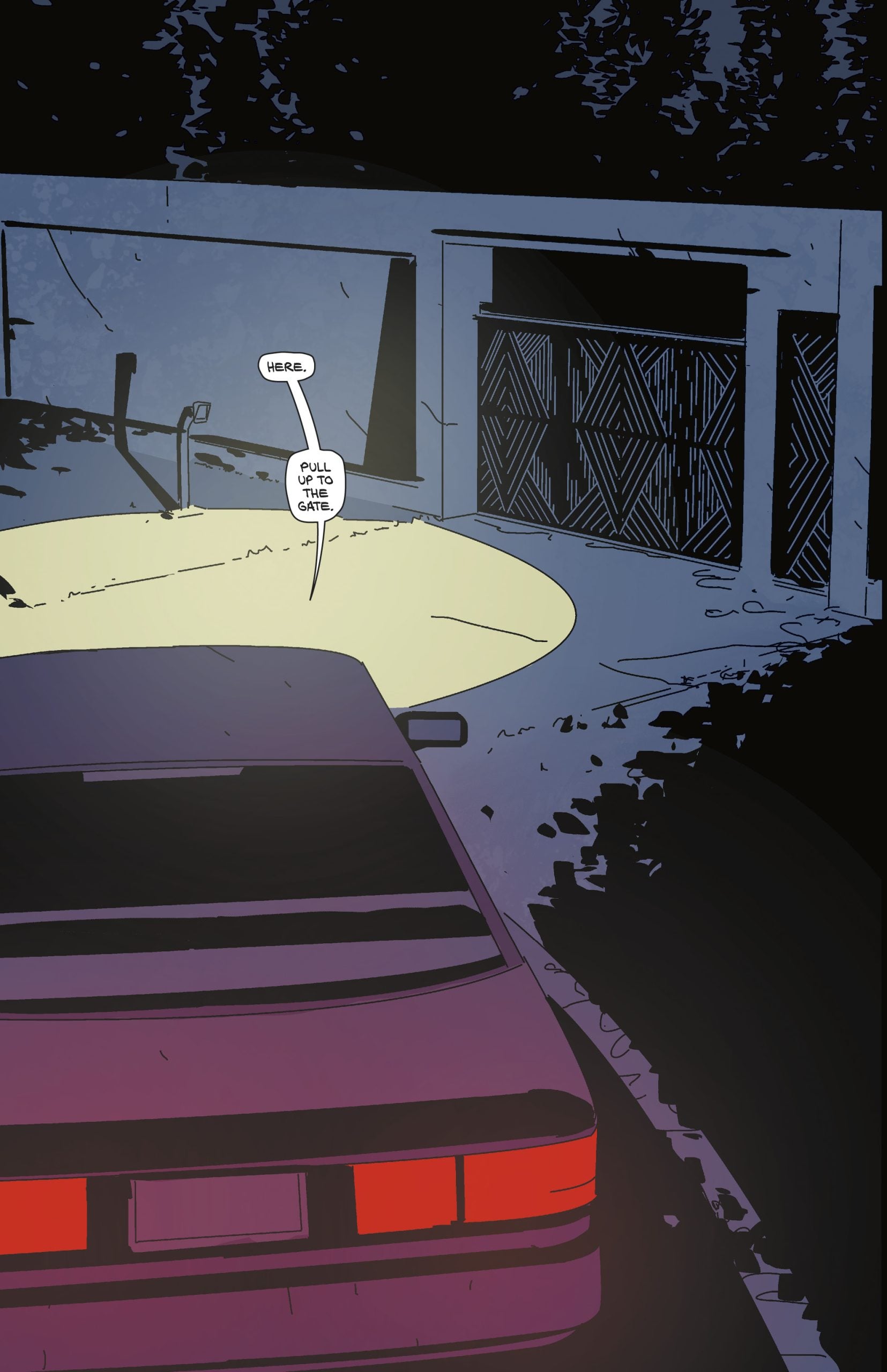 A car with illuminated headlights is parked outside a modern garage at night. A speech bubble from the car says, "Here. Pull up to the gate.