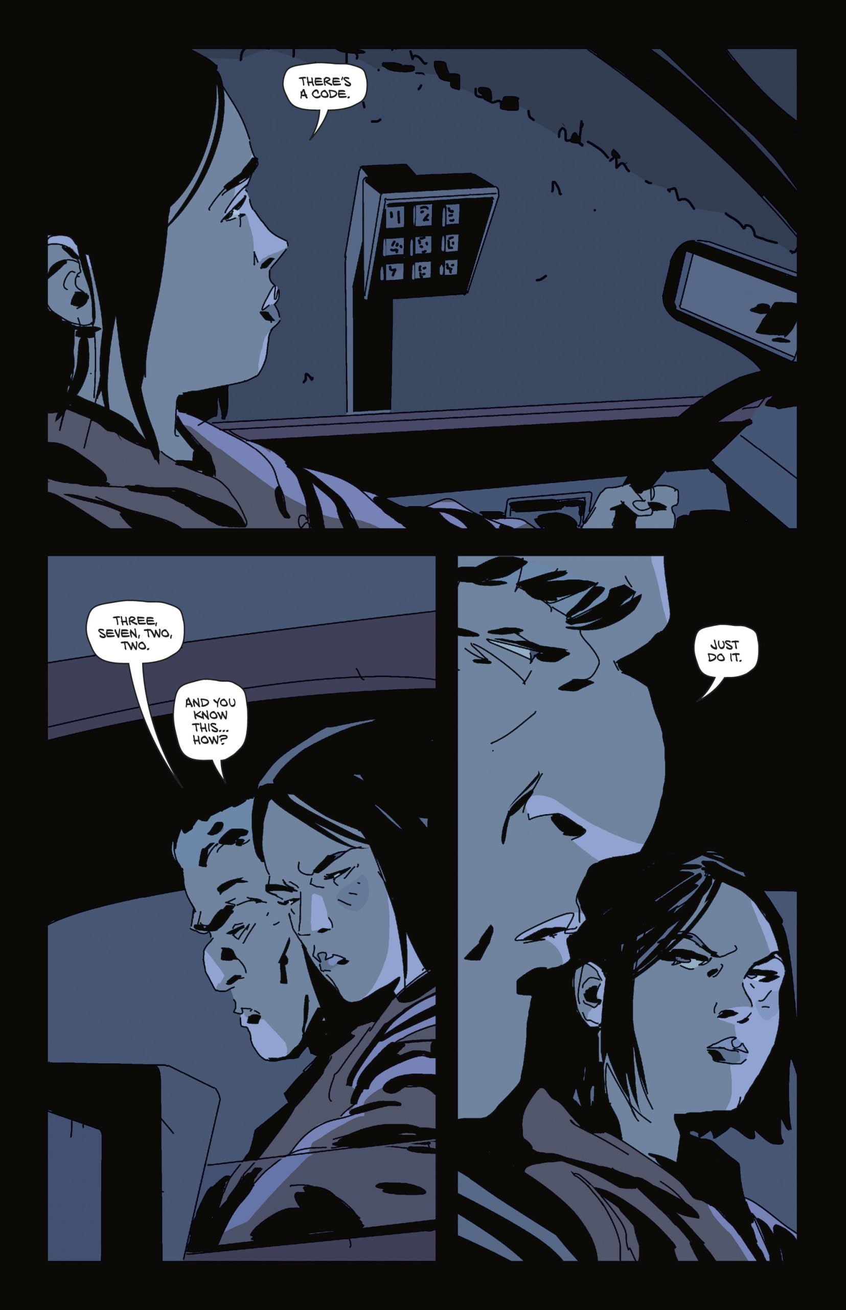 A woman drives a car at night, talking with a man in the passenger seat. The dialogue suggests tension as the man tells her, "Just do it.