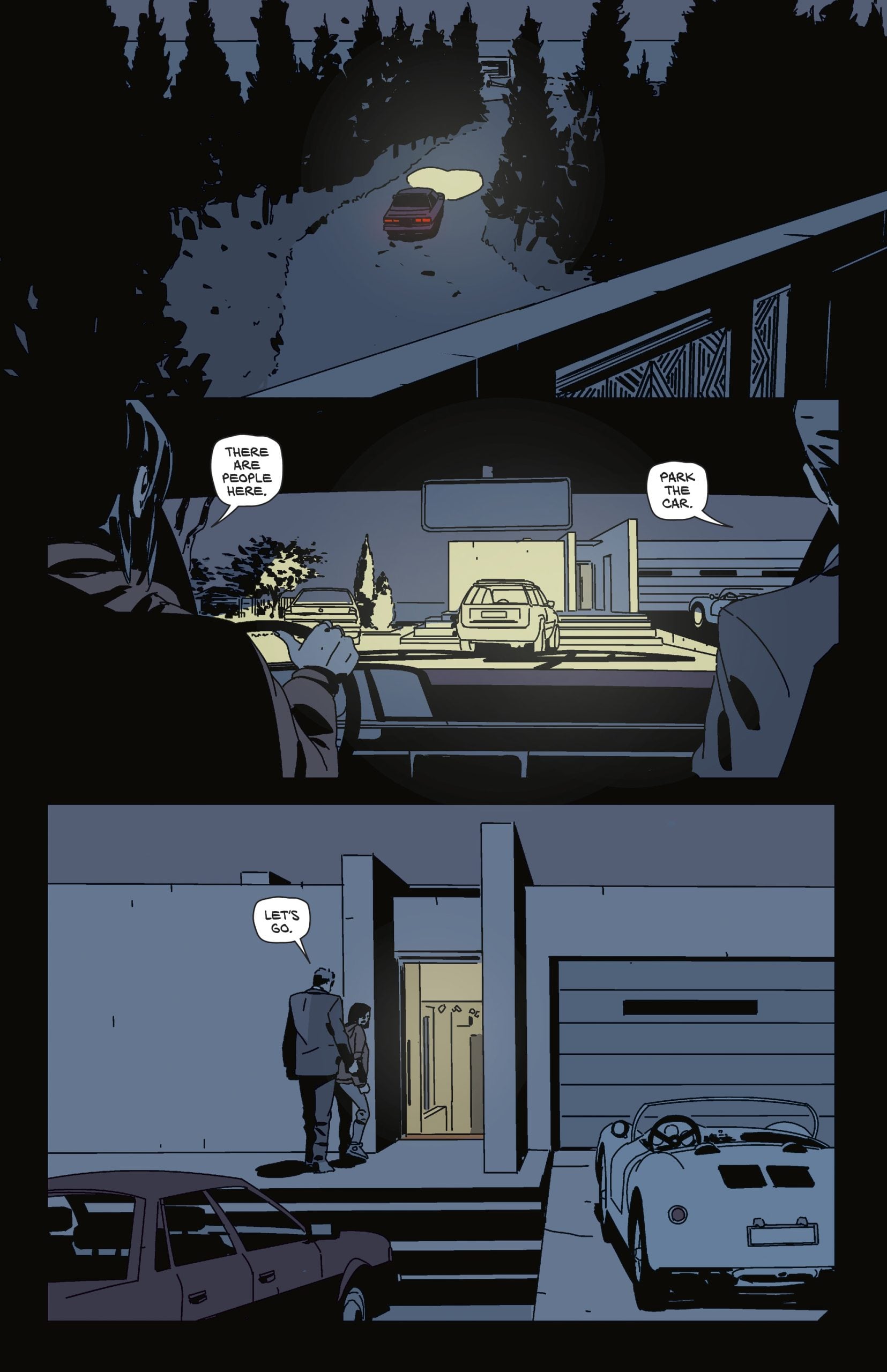 A red car drives up a dark forest road. Two people observe a parked car from another vehicle. Later, they walk toward a modern house at night.