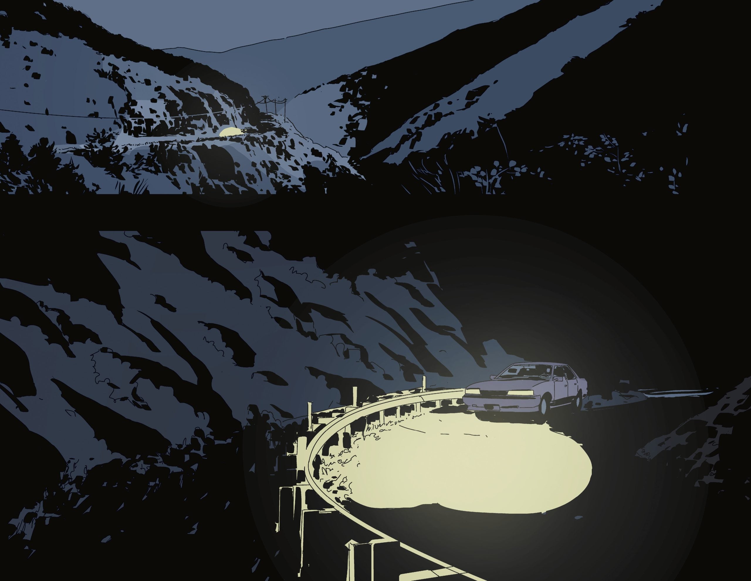 A car drives along a winding mountain road at night, its headlights illuminating the curve ahead, with another vehicle visible in the distance.