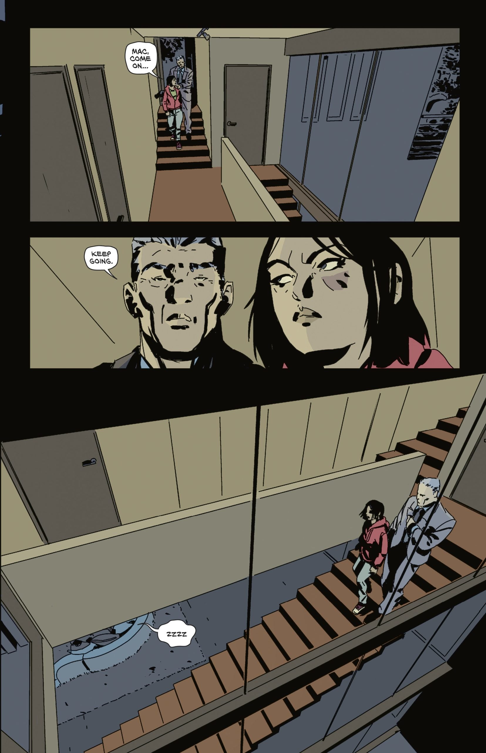 A man and a woman walk down a staircase inside a building, exchanging dialogue in a comic book panel sequence.