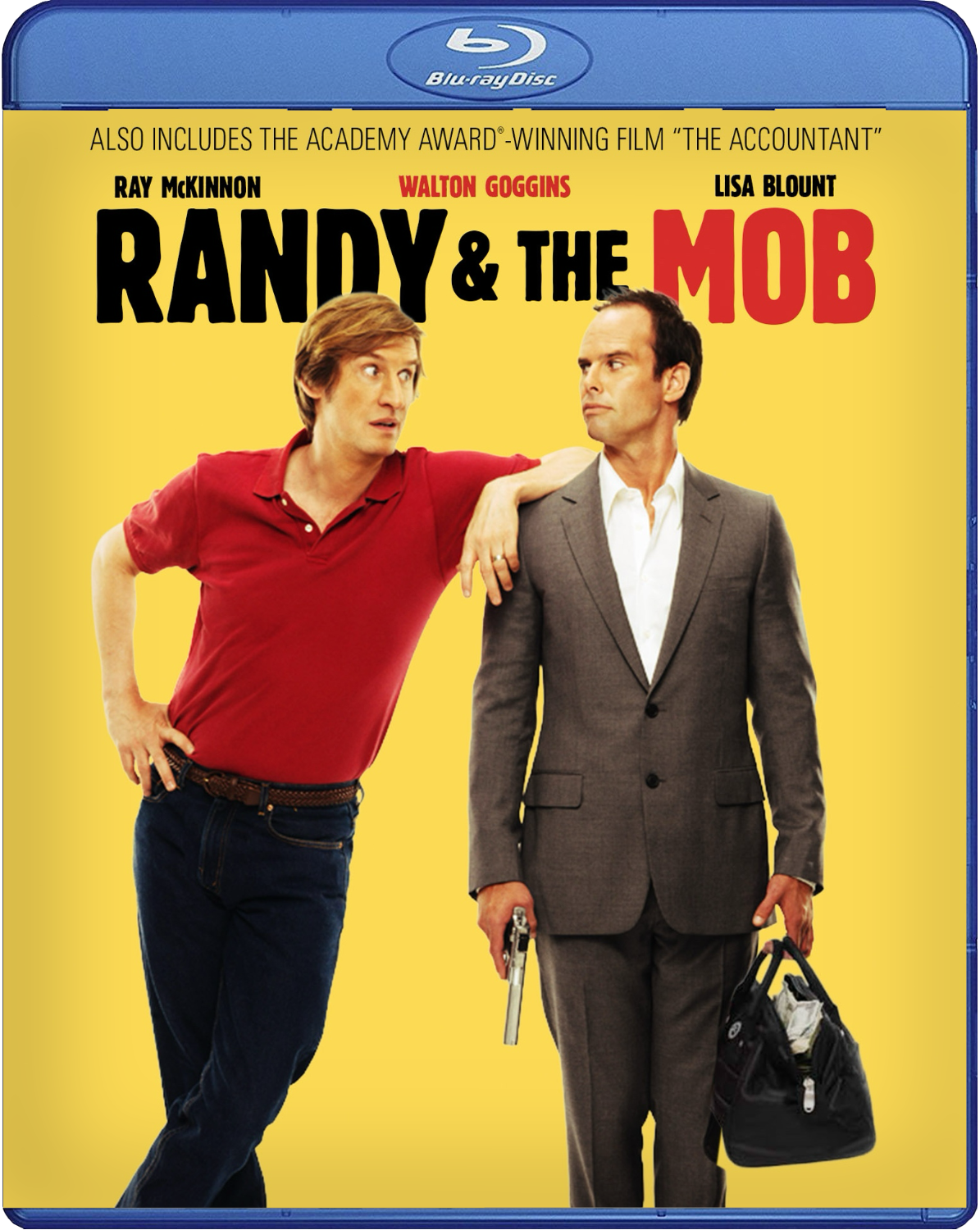 Blu-ray cover of "Randy & The Mob" showing two men, one in a red polo and jeans with his arm around the other, who wears a suit and holds a bag and gun.
