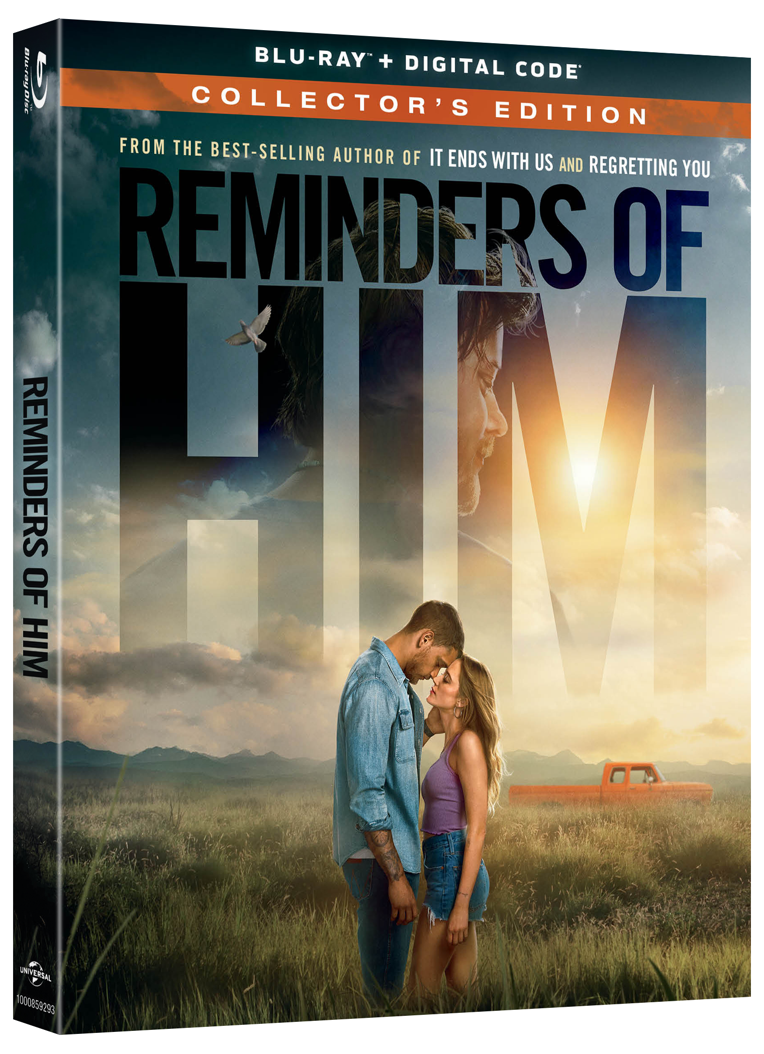 Blu-ray cover for "Reminders of Him" shows a couple standing close together in a grassy field with a red truck in the background and a large title text overhead.