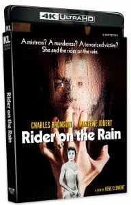 4K Ultra HD cover of "Rider on the Rain" featuring a woman's face behind wet glass and a smaller image of a woman in a towel; actors and film title prominently displayed.