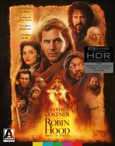 Movie poster for "Robin Hood: Prince of Thieves," featuring Kevin Costner as Robin Hood with other main characters and a burning cross in the center.