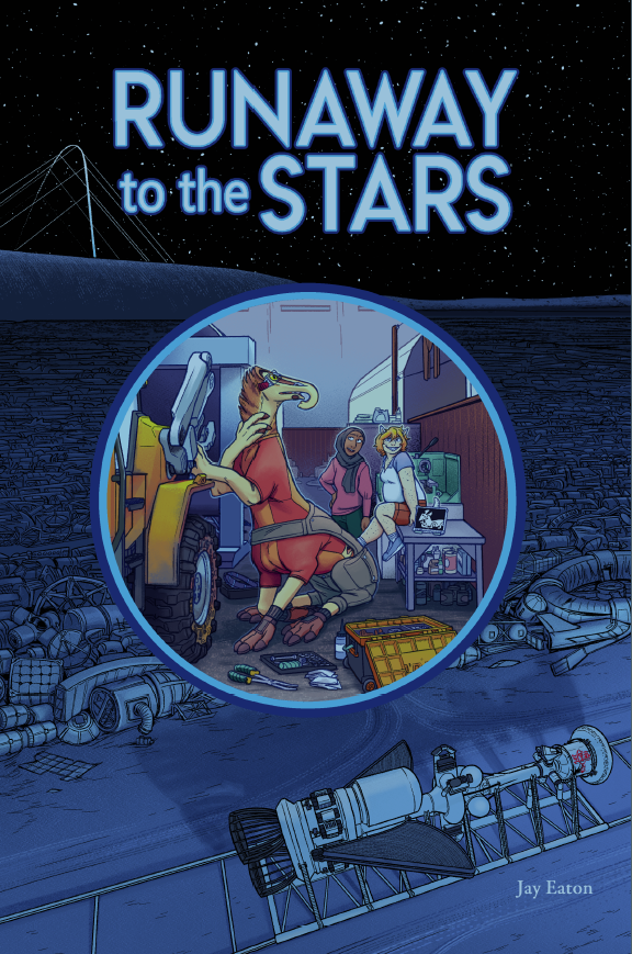 Book cover for "Runaway to the Stars" by Jay Eaton, featuring anthropomorphic characters working on machinery in a junkyard under a starry night sky.