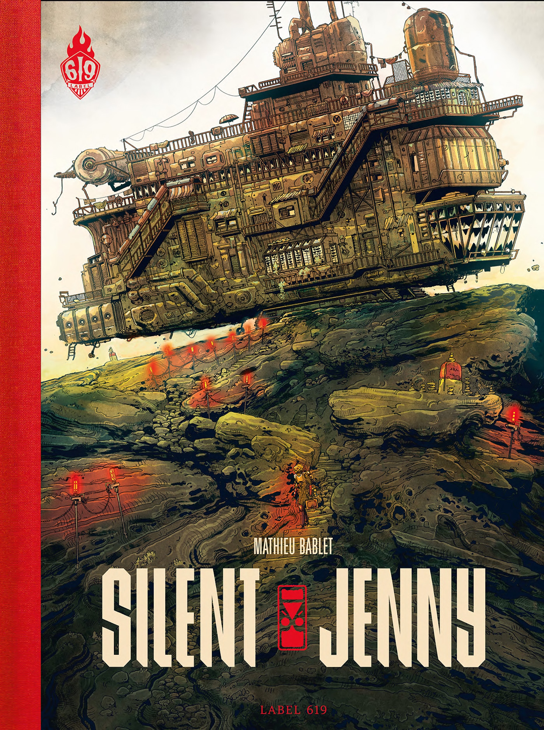 A large, detailed, airborne ship hovers above a rocky landscape with red lanterns; the cover reads "Mathieu Bablet Silent Jenny" and features a red spine label "619.