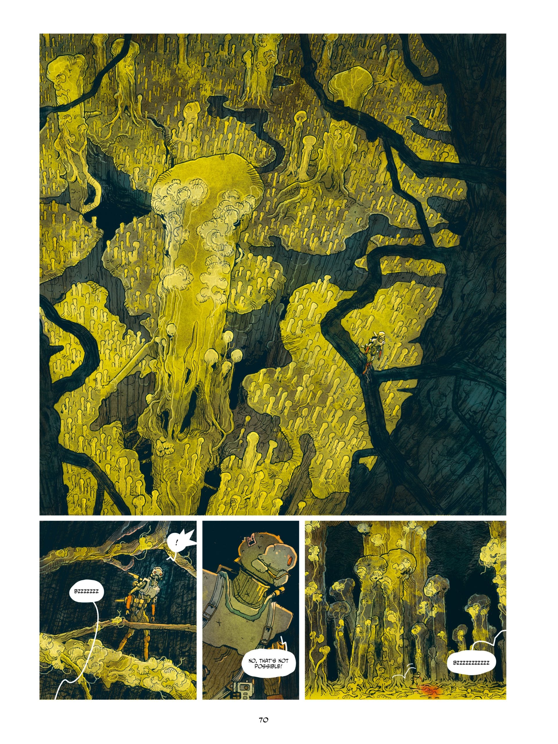 A robot explores a forest of large, glowing yellow jellyfish-like organisms; the scene is detailed in a comic book art style with dialogue in speech bubbles.