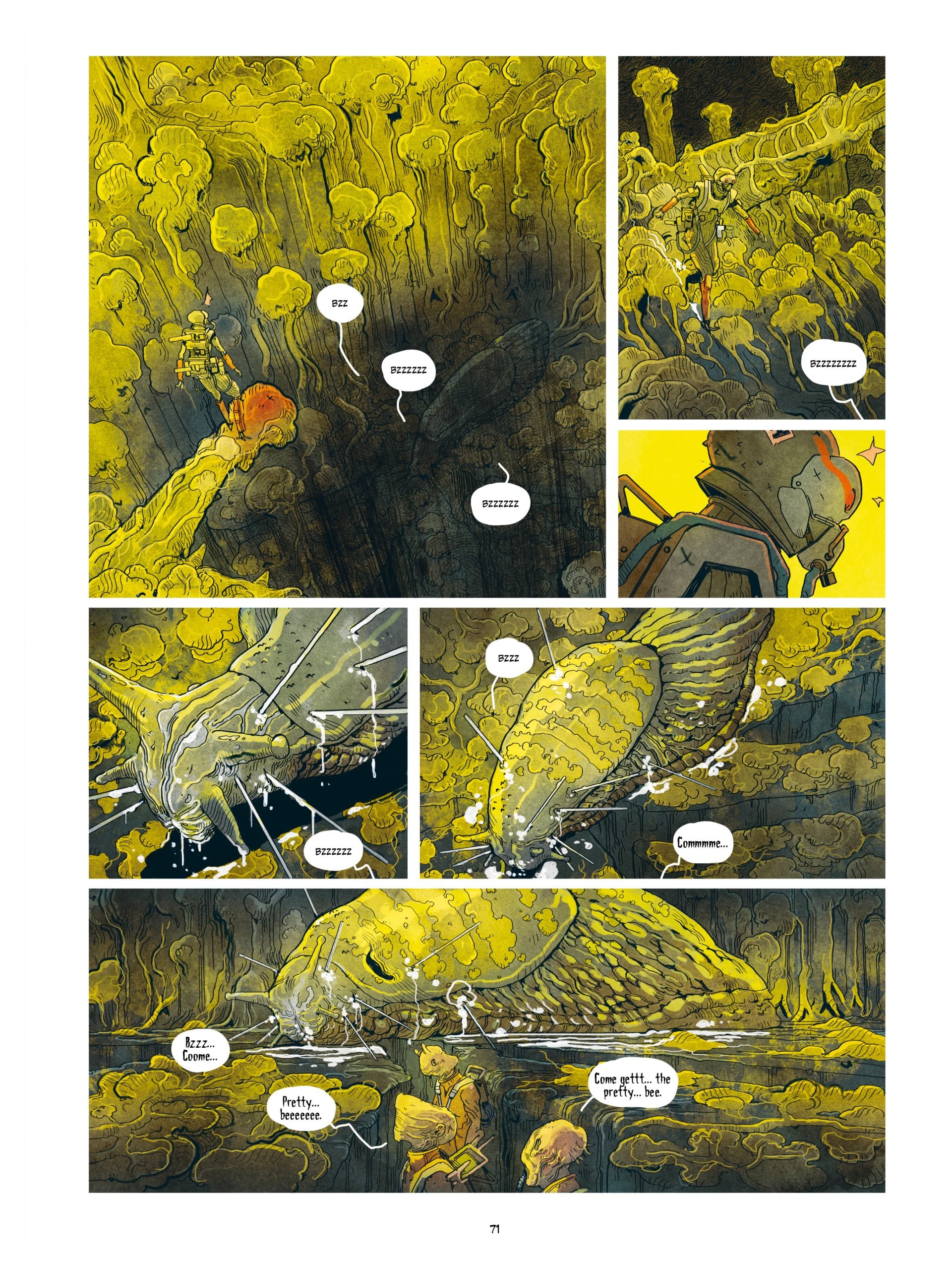 A person in a suit walks through a yellow, cavernous area filled with buzzing swarms, encountering a giant bee resting on the ground. Speech bubbles read "BZZ," "Come on," and "Come on, little guy.