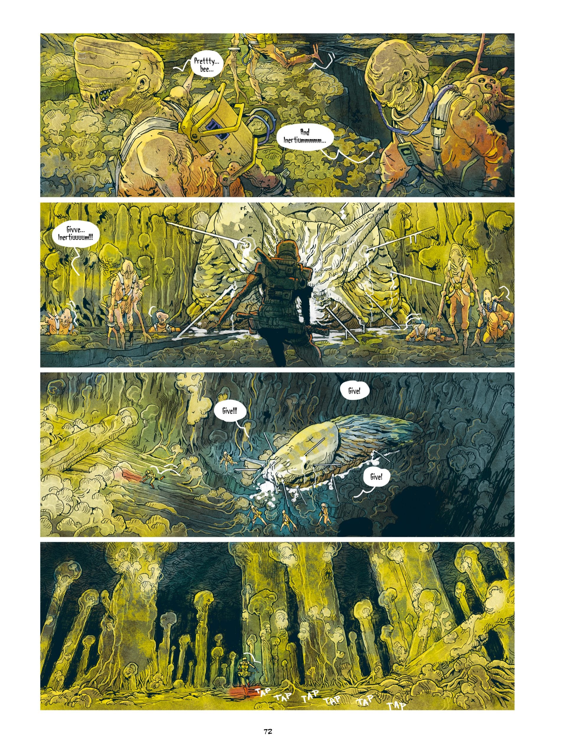 Comic page with four panels: armored figures converse, then a lone figure approaches a glowing structure, awakens a bird-like creature, and the creature flies above large mushroom shapes.