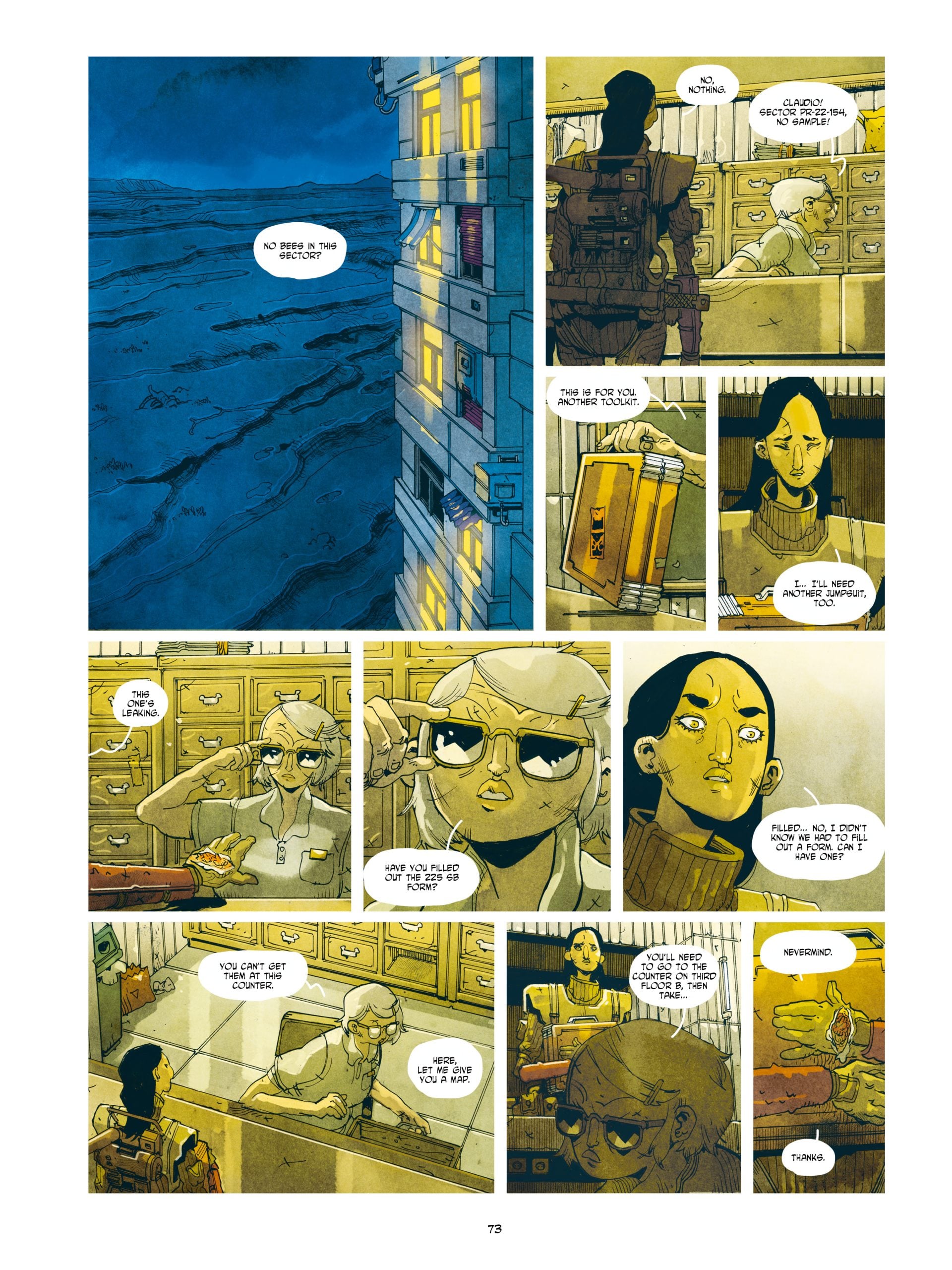 A woman enters an office at night, talks to a man at a desk, examines a file, and then the man looks worried as she leaves with files in hand.