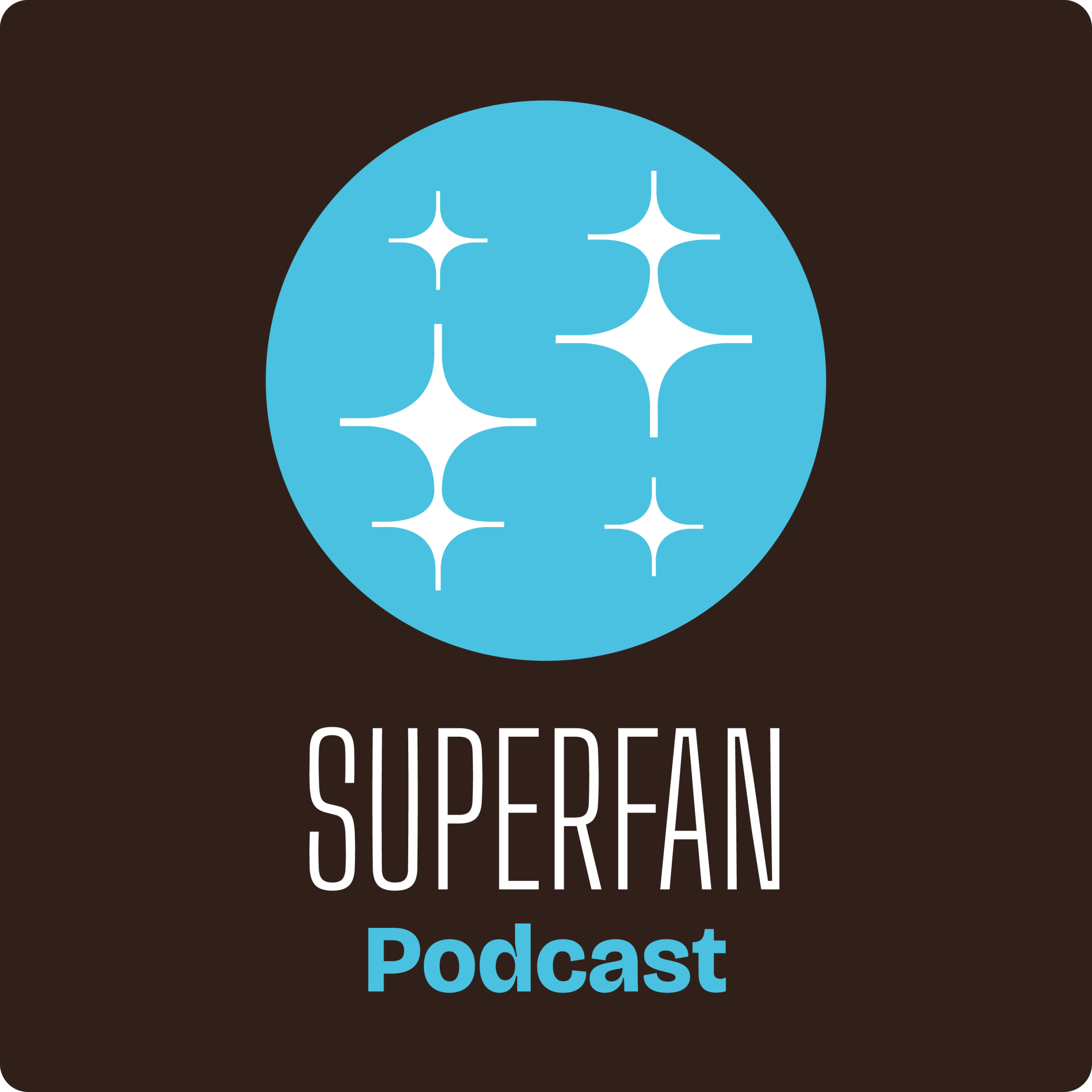 A blue circle with white star-like shapes above the words "SUPERFAN Podcast" on a dark background.