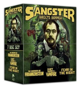 Box set titled "Sangster Directs Hammer" featuring cover art for three films: The Horror of Frankenstein, Lust for a Vampire, and Fear in the Night. Three characters appear on the cover.