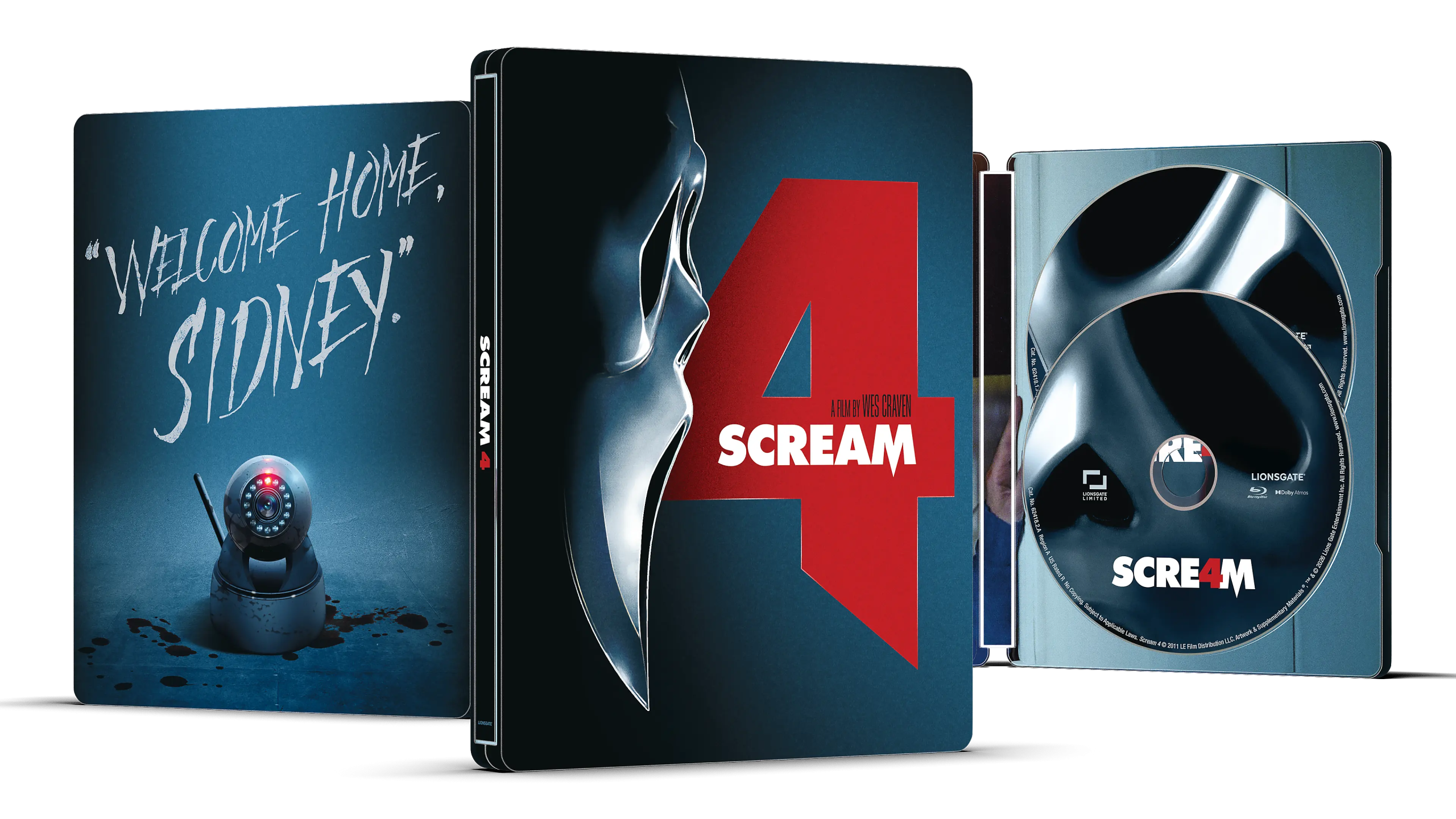 A steelbook edition of "Scream 4" is shown, featuring the movie logo, a ghost mask design, two discs, and case art with the text "Welcome Home, Sidney.