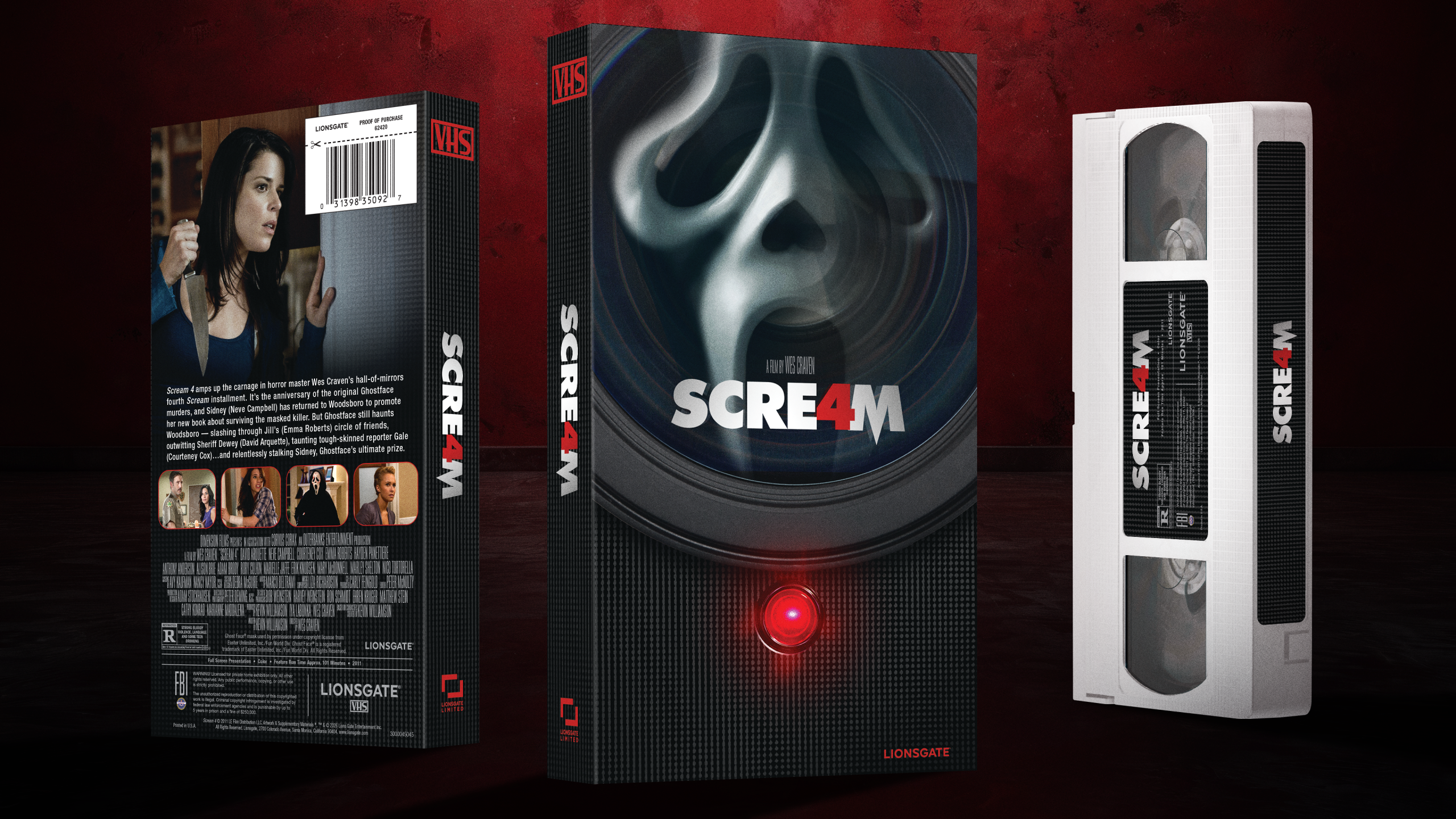 Three VHS-style cases for the movie "Scream 4," showing the front cover with the iconic ghost face, the spine, and the back cover with cast details and images from the film.