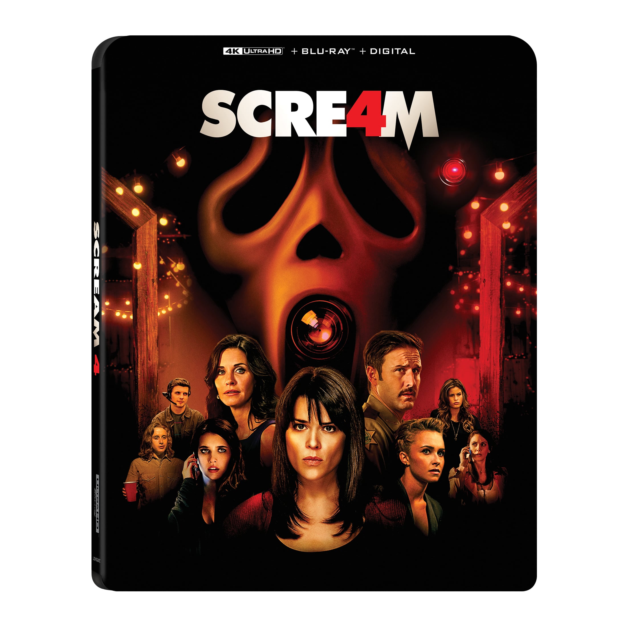 Cover of the "Scream 4" 4K Ultra HD Blu-ray, featuring main characters and a large ghost mask in the background with red lighting and dramatic expressions.